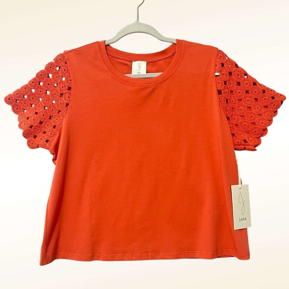 Joie Rust Orange Crochet Sleeve Top NWT Size Medium Boxy Fit Cottagecore Fall